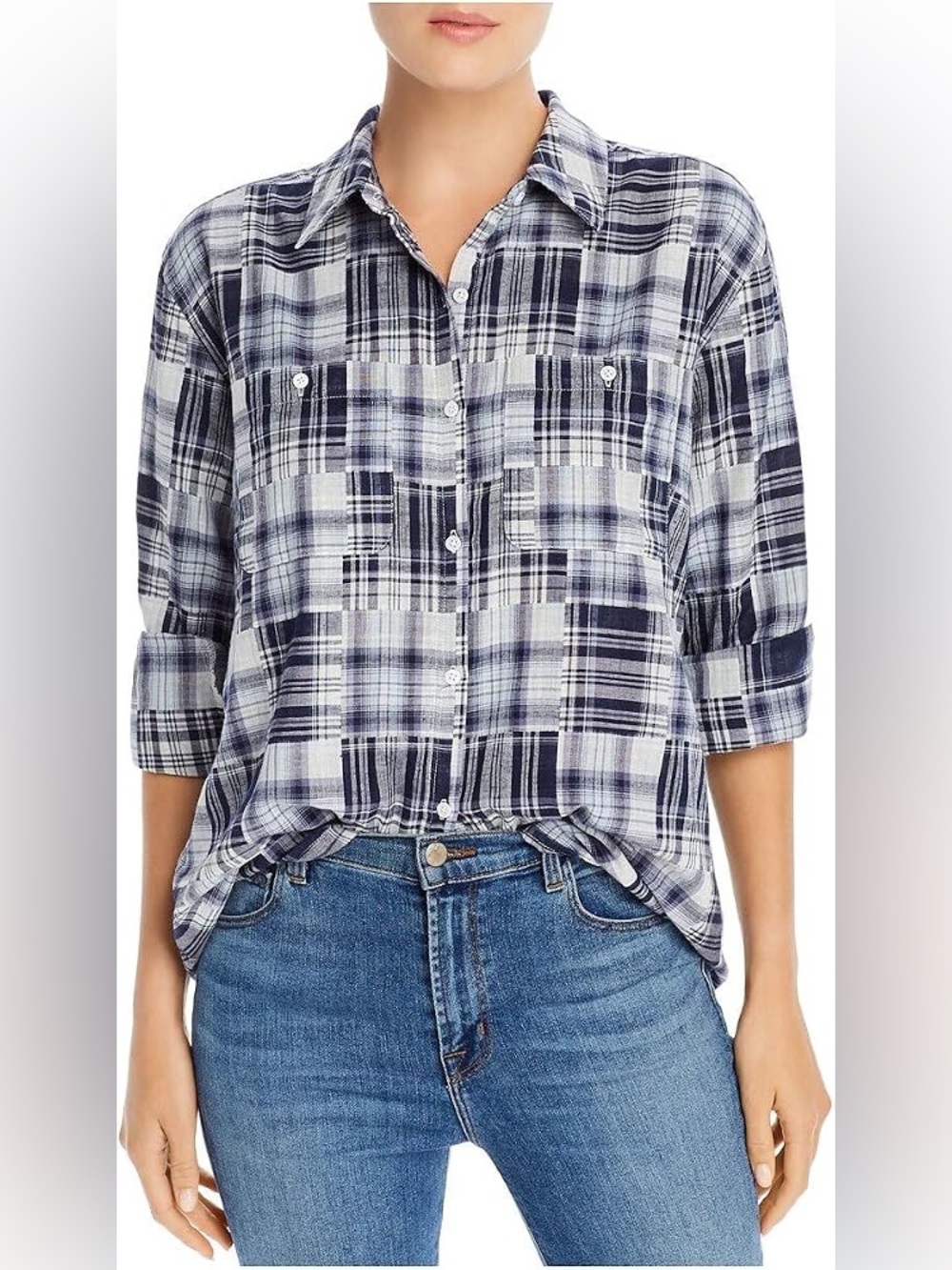 $228 NWOT Joie Navy Plaid Long Sleeve Collared Button Up Wear to Work Top XS